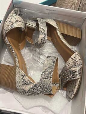 Buckle Snake-Print Block Heel Sandals in Neutral Tones